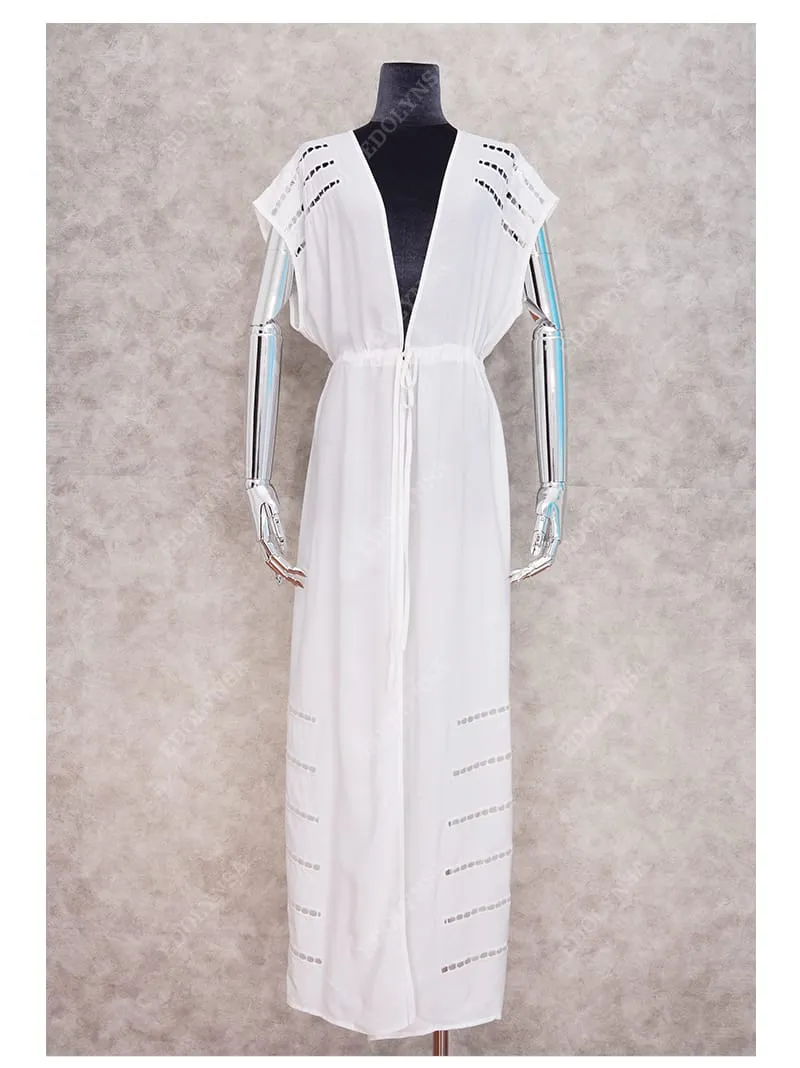 Sexy Striped Hollow Out White Cotton Summer Beach Tunic Women Plus Size Beachwear Self Belted Front Open Midi Dress XL S3928449