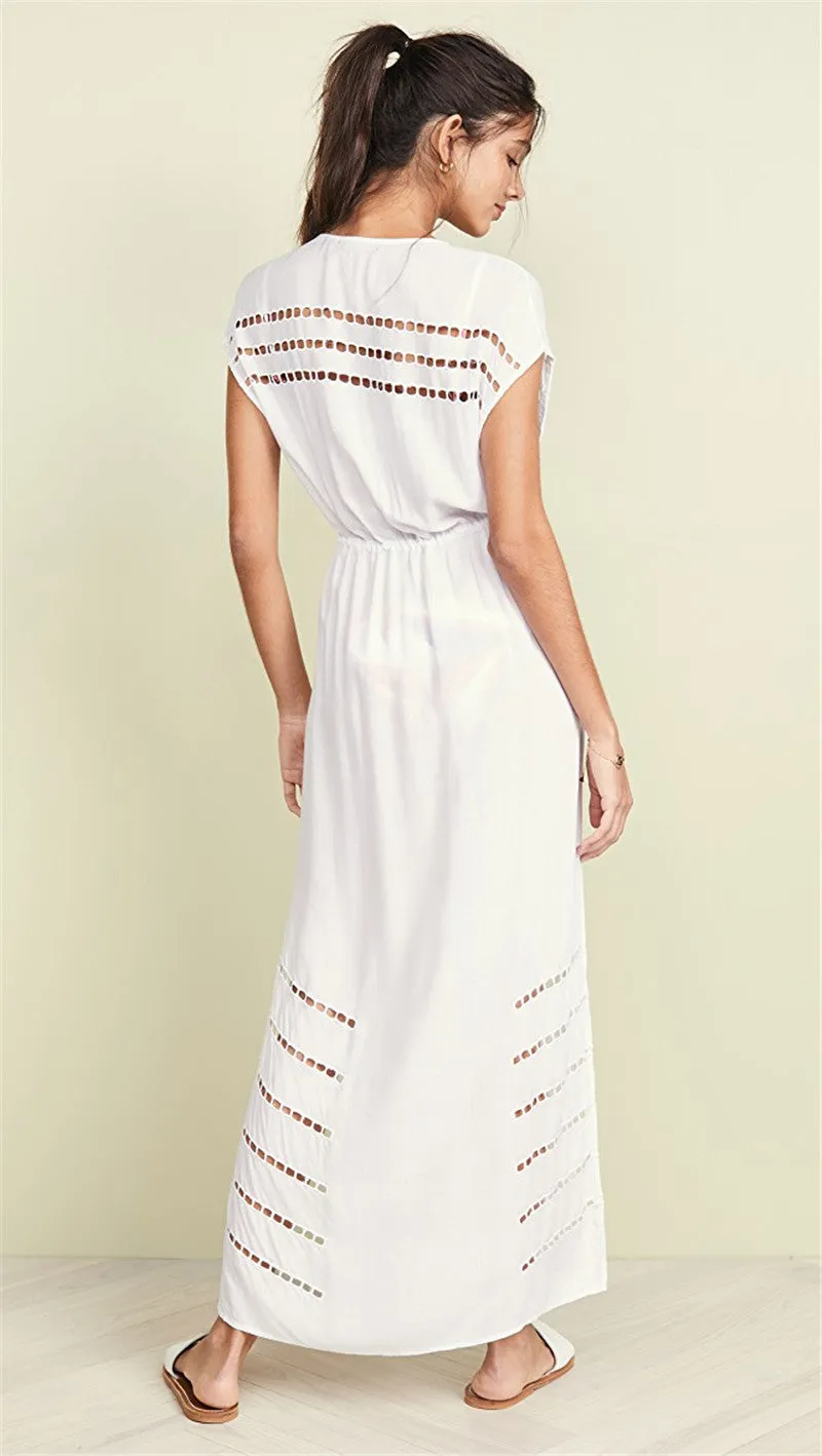 Sexy Striped Hollow Out White Cotton Summer Beach Tunic Women Plus Size Beachwear Self Belted Front Open Midi Dress XL S3928449