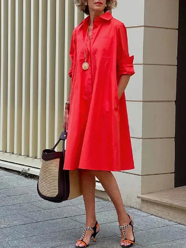 Simple Long Sleeves Solid Color Lapel Midi Dress L 107437