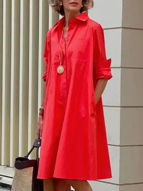 Simple Long Sleeves Solid Color Lapel Midi Dress L 107437