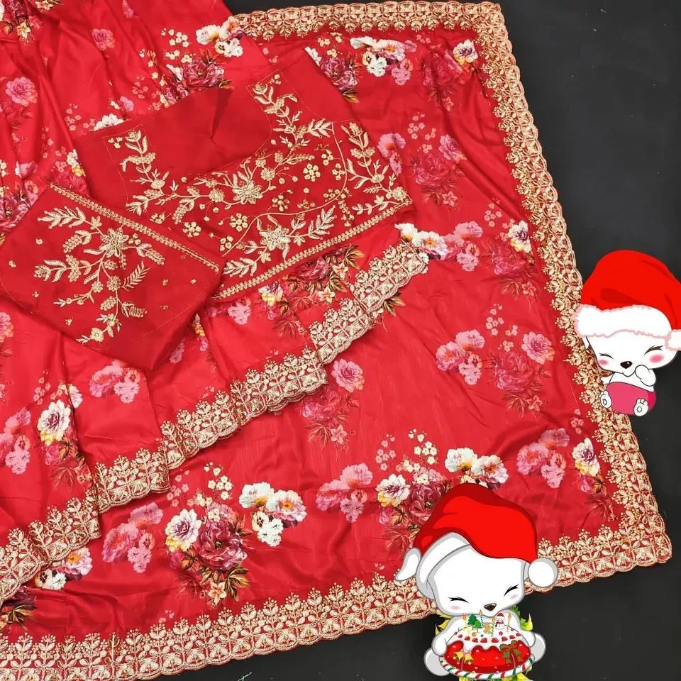 Soft Vichitra Silk Embroidery Sequence Coding Work Saree With Blouse