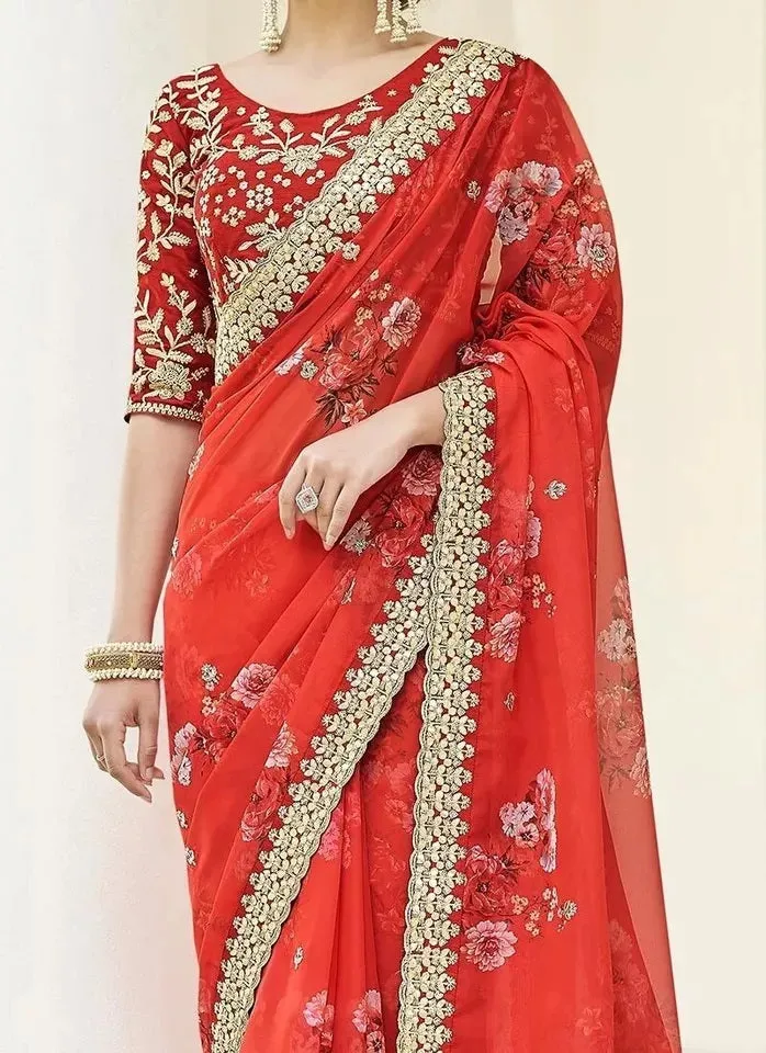 Soft Vichitra Silk Embroidery Sequence Coding Work Saree With Blouse