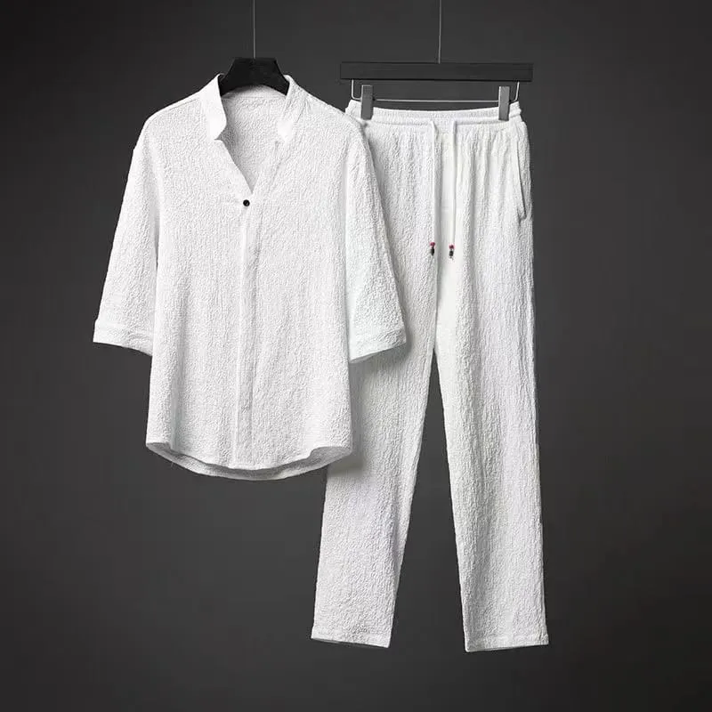 Summer new men's fashion casual solid color Classic T-shirt set Men's high quality two-piece set B-770150