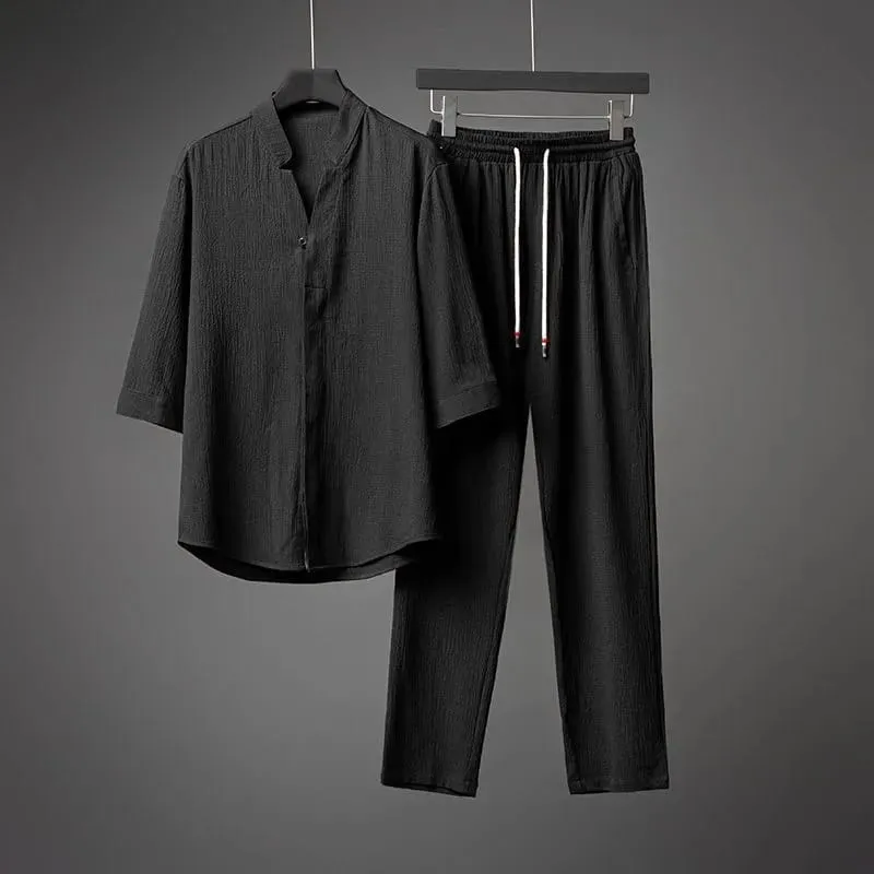 Summer new men's fashion casual solid color Classic T-shirt set Men's high quality two-piece set B-770150