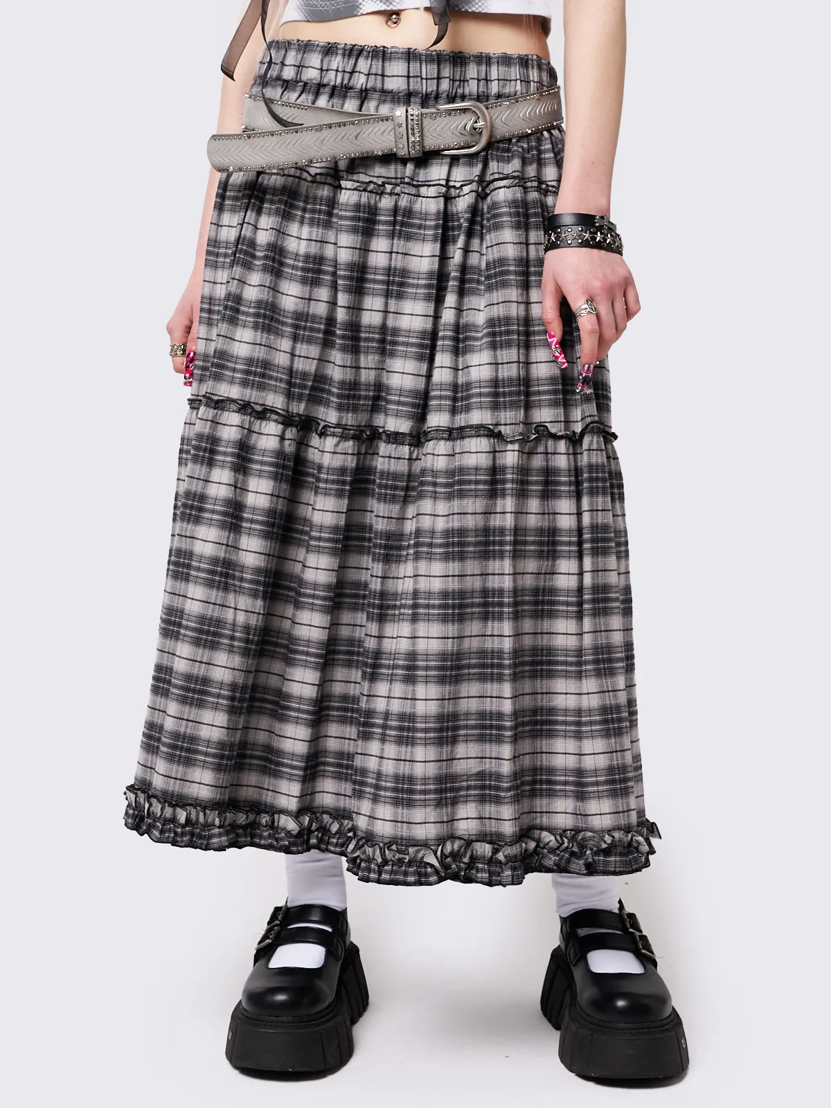 Tiana Checkered Ruffled Maxi Skirt could be optimized as Elegant Tiana Womens Checkered Maxi Skirt with Ruffled Detail.