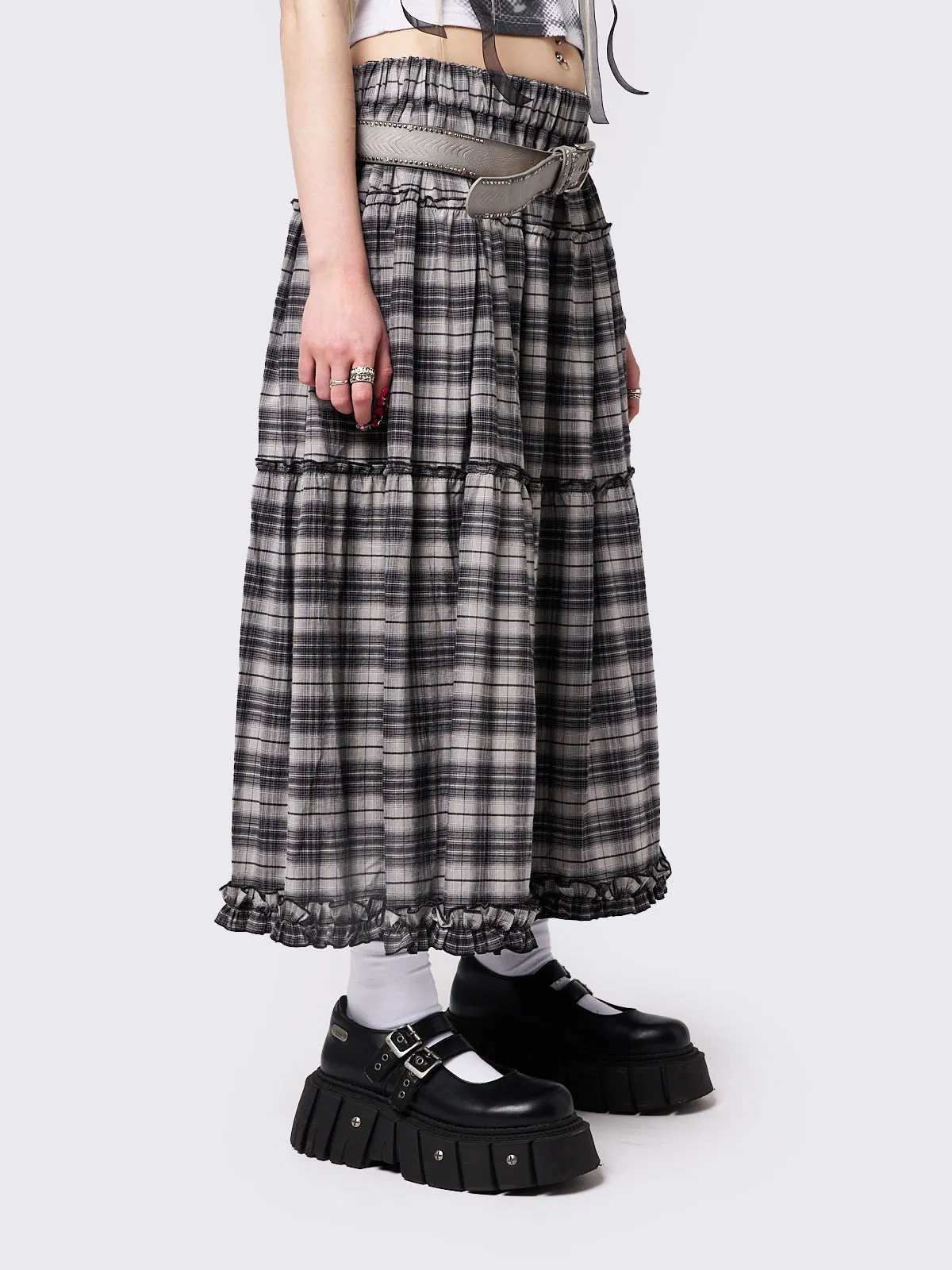 Tiana Checkered Ruffled Maxi Skirt could be optimized as Elegant Tiana Womens Checkered Maxi Skirt with Ruffled Detail.
