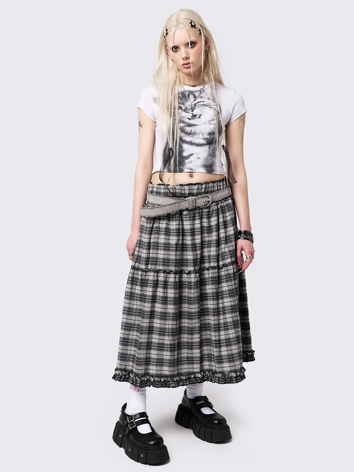 Tiana Checkered Ruffled Maxi Skirt could be optimized as Elegant Tiana Womens Checkered Maxi Skirt with Ruffled Detail.
