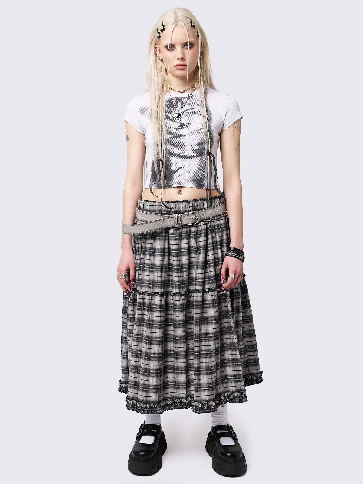Tiana Checkered Ruffled Maxi Skirt could be optimized as Elegant Tiana Womens Checkered Maxi Skirt with Ruffled Detail.