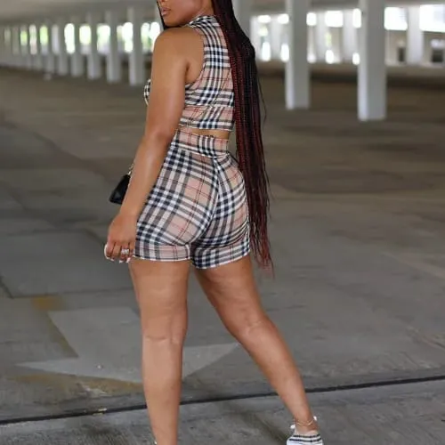 Women clothing two piece bodycon set sleeveless T shirt printed plaid M S4609261